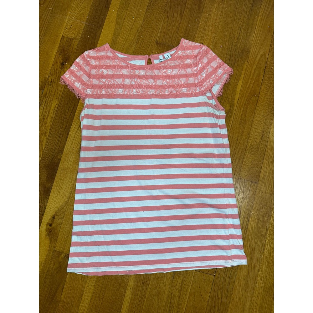 Elle Women Pink White Striped Lace Yoke Cap Sleeve Top Size M Keyhole Back